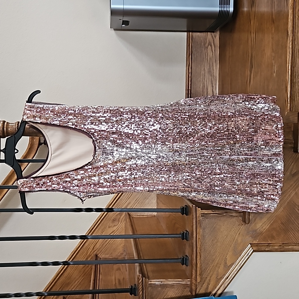 Boston Proper Pink Rose Gold Ruched Sequin Mini Cocktail Dress - Picture 2 of 13